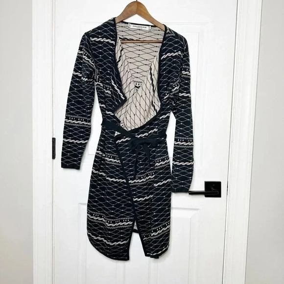 SOMETHING ELSE Black Cream Rope Print Open Front Belted Coatigan Size‎ US 2 - Picture 2 of 7